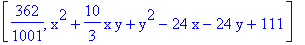 [362/1001, x^2+10/3*x*y+y^2-24*x-24*y+111]